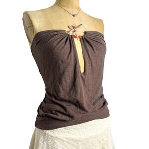 American Vintage Y2K Brown Tube Top Beaded Tie Detail Size M